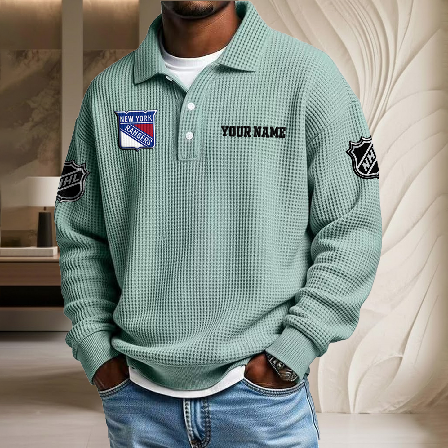 NHL x NYR Custom Name Waffle Three Button Lapel Polo HLP HLPHUONG