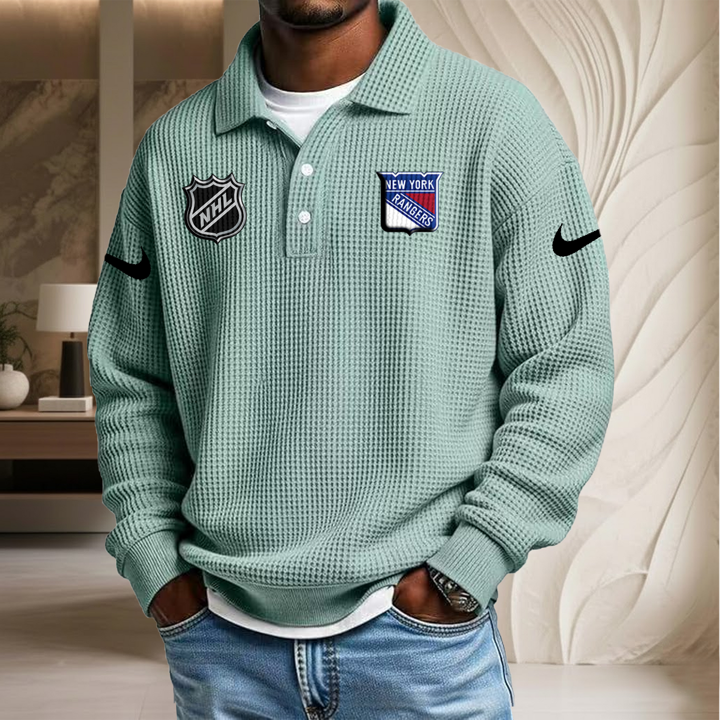 NHL x NYR Waffle Three Button Lapel Polo HLP HLPHUONG