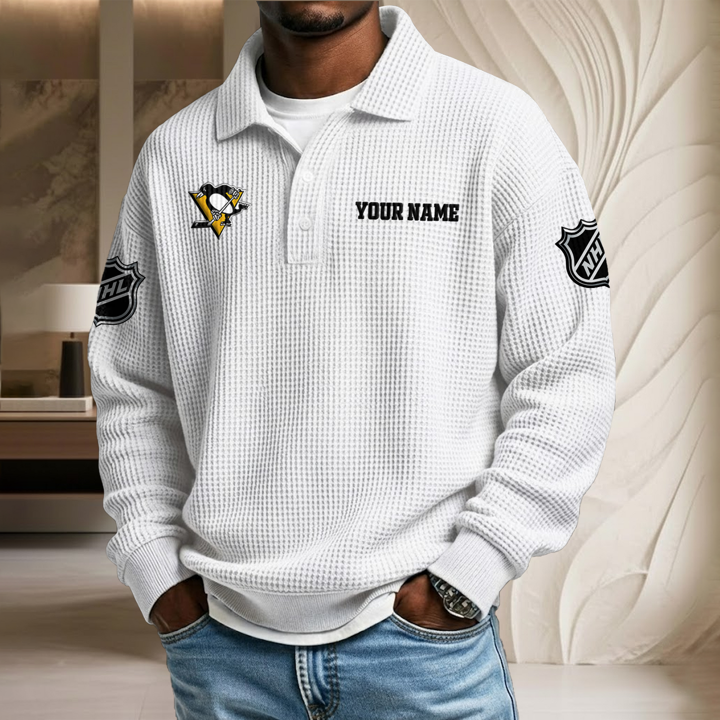 NHL x PIT Custom Name Waffle Three Button Lapel Polo HLP HLPHUONG