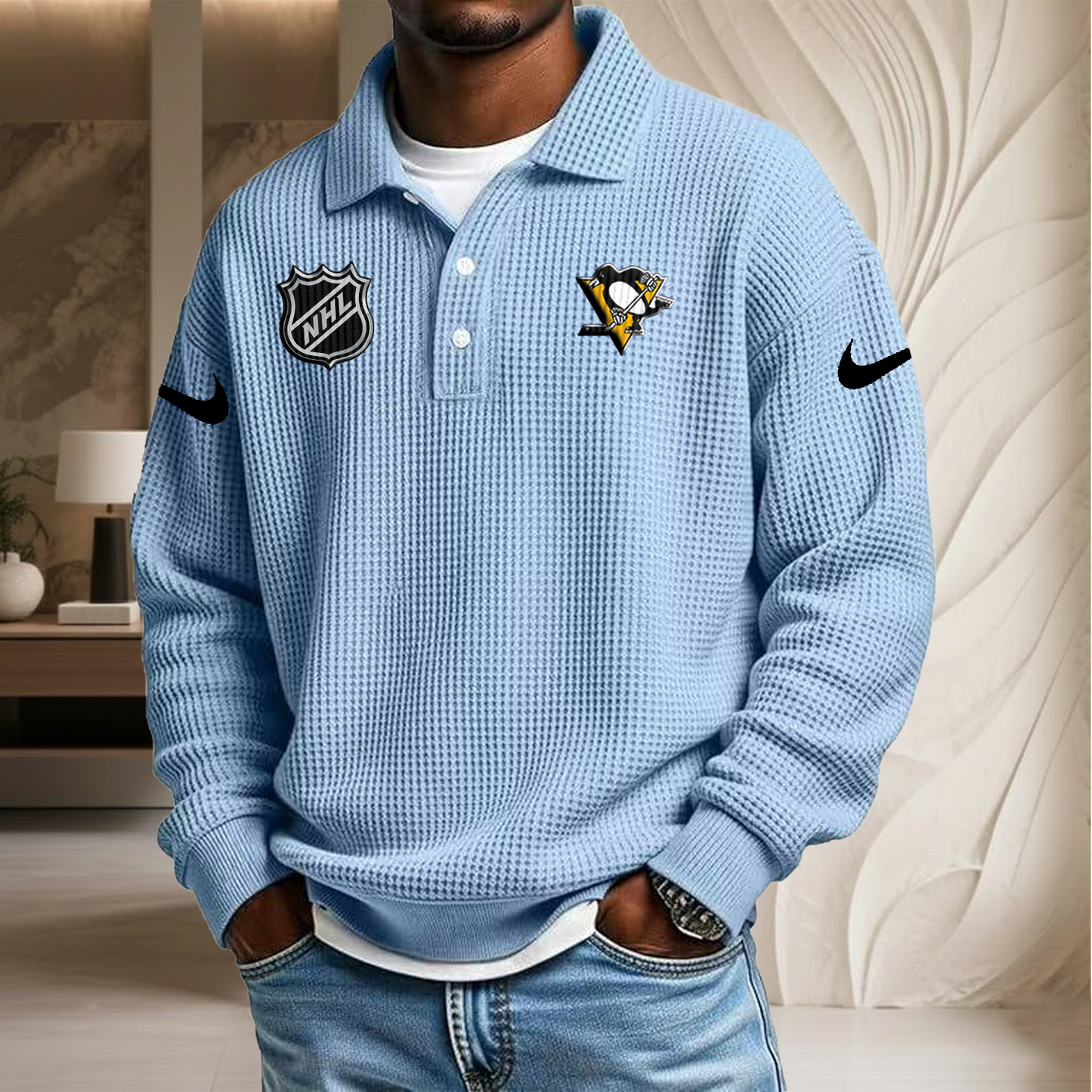 NHL x PIT Waffle Three Button Lapel Polo HLP HLPHUONG