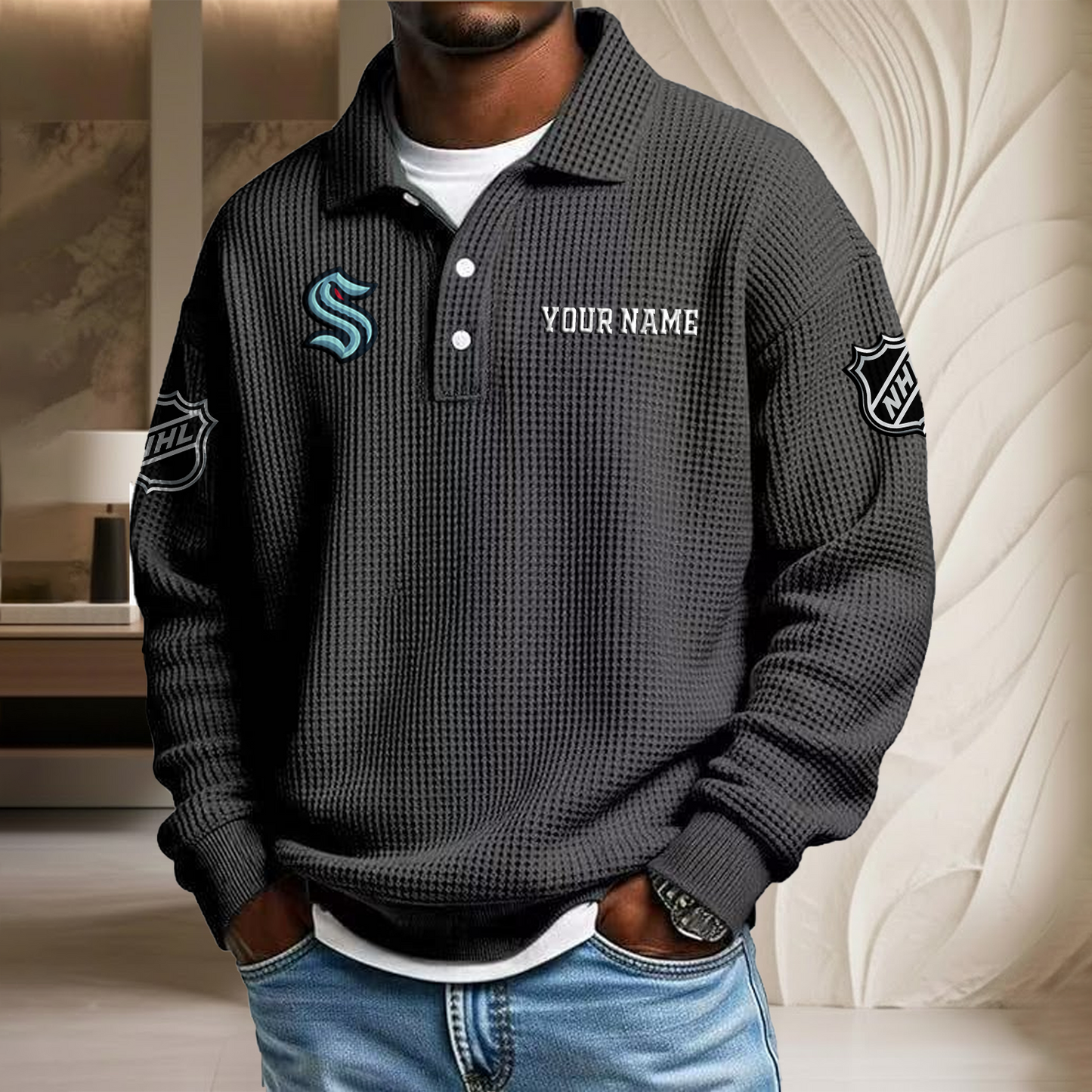 NHL x SEA Custom Name Waffle Three Button Lapel Polo HLP HLPHUONG