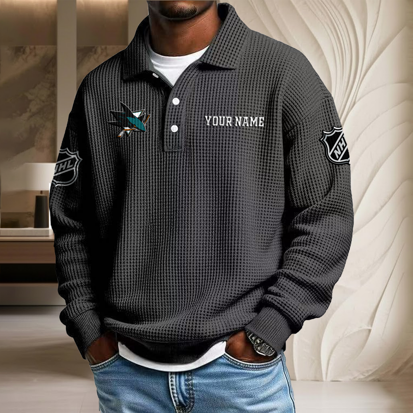 NHL x SJ Custom Name Waffle Three Button Lapel Polo HLP HLPHUONG