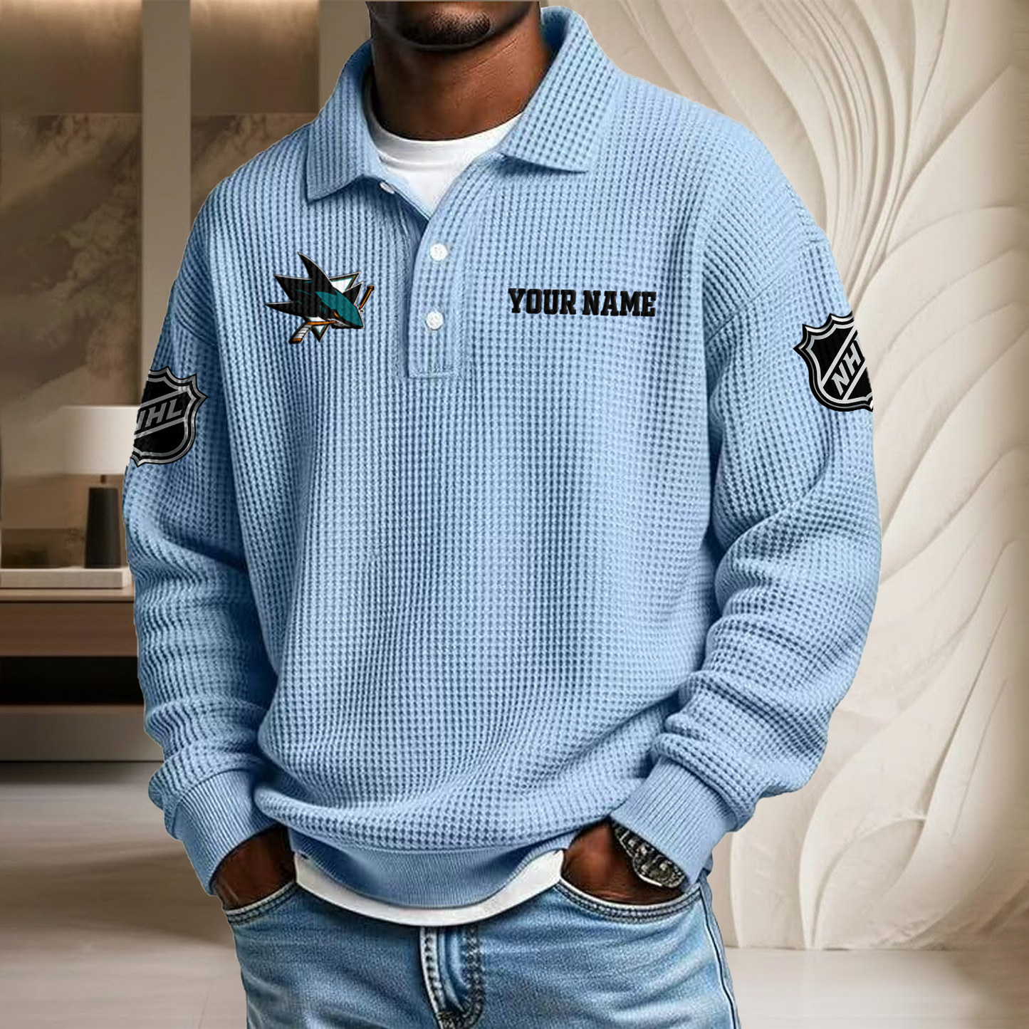 NHL x SJ Custom Name Waffle Three Button Lapel Polo HLP HLPHUONG