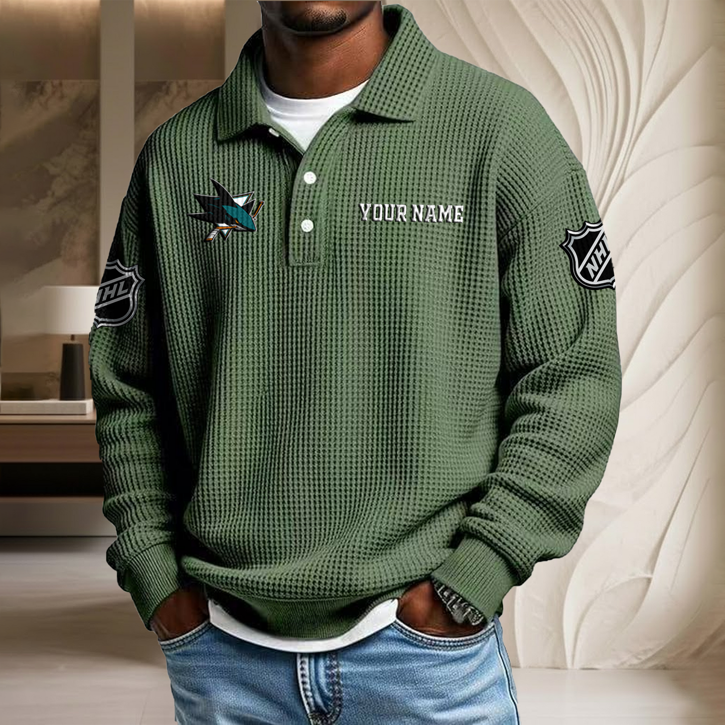 NHL x SJ Custom Name Waffle Three Button Lapel Polo HLP HLPHUONG