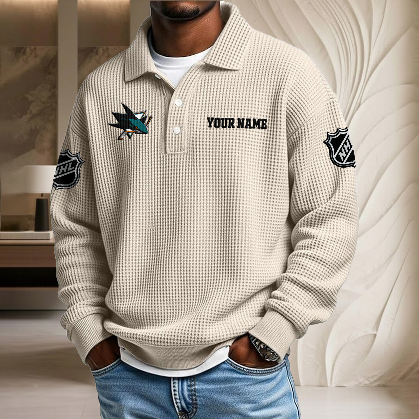 NHL x SJ Custom Name Waffle Three Button Lapel Polo HLP HLPHUONG