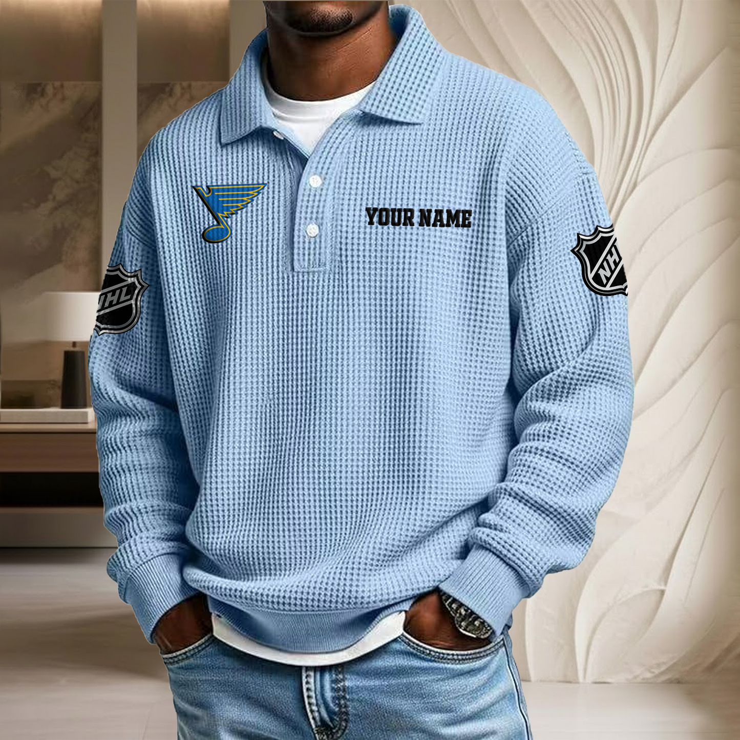 NHL x SL Custom Name Waffle Three Button Lapel Polo HLP HLPHUONG