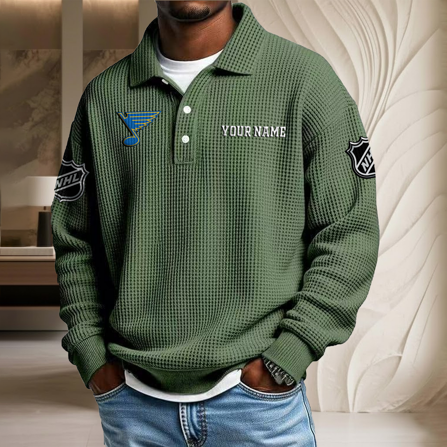 NHL x SL Custom Name Waffle Three Button Lapel Polo HLP HLPHUONG