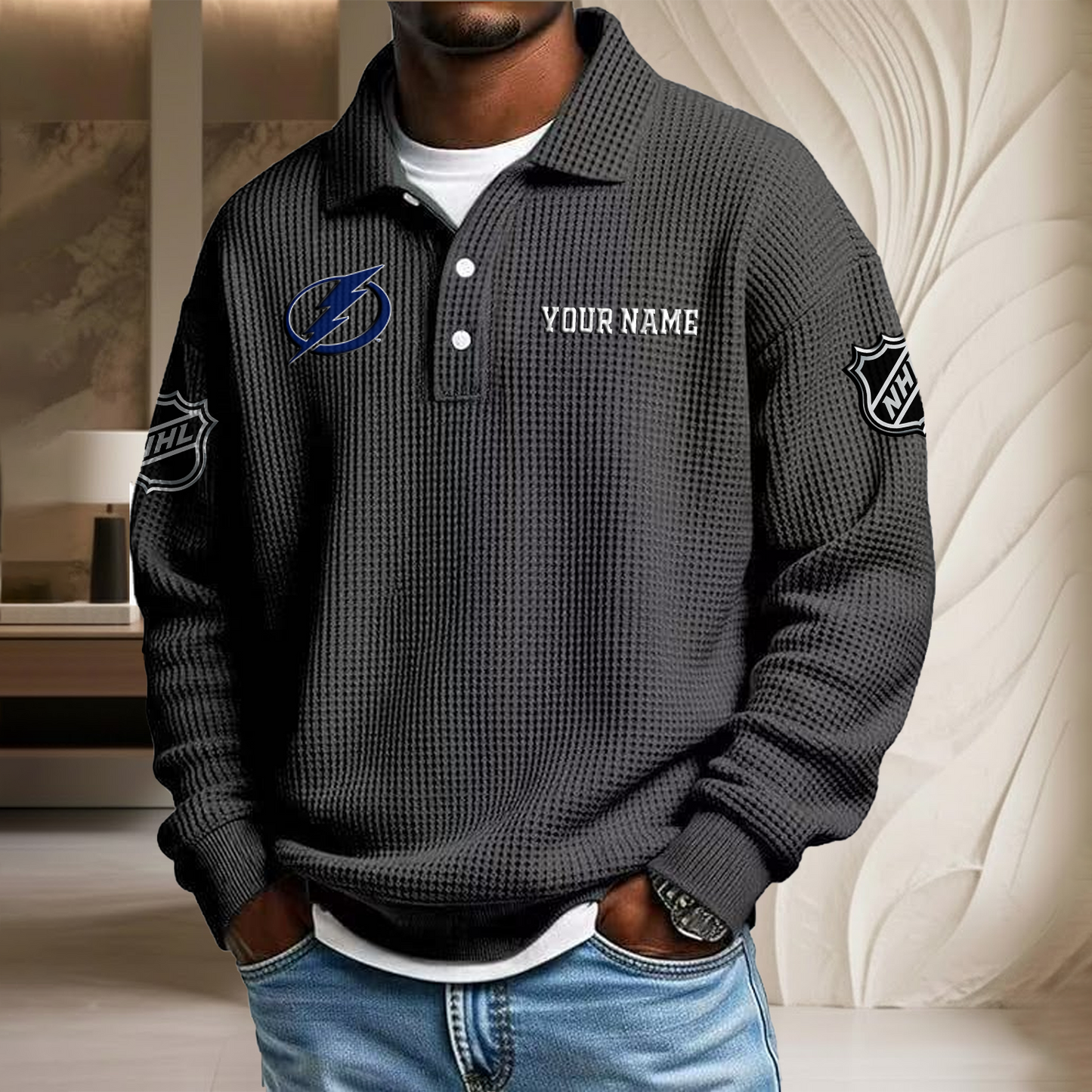 NHL x TB Custom Name Waffle Three Button Lapel Polo HLP HLPHUONG