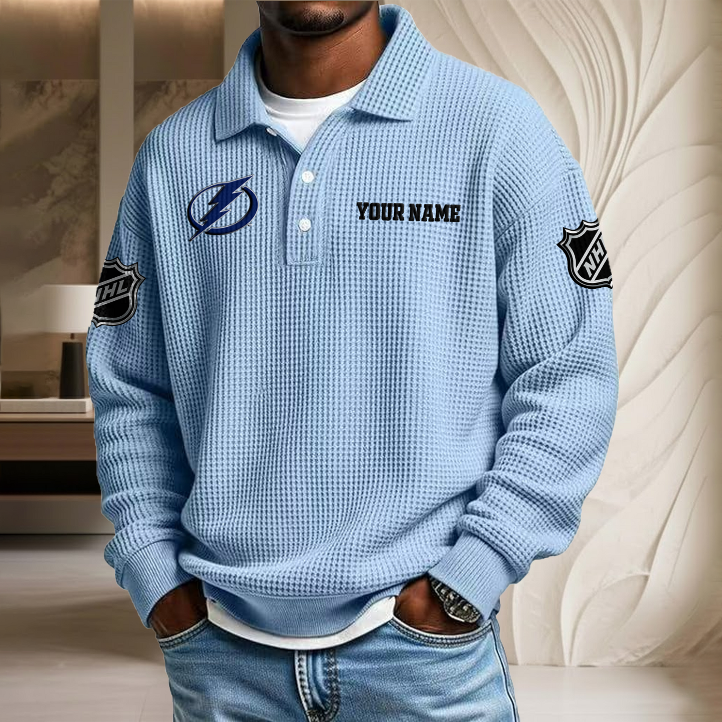 NHL x TB Custom Name Waffle Three Button Lapel Polo HLP HLPHUONG