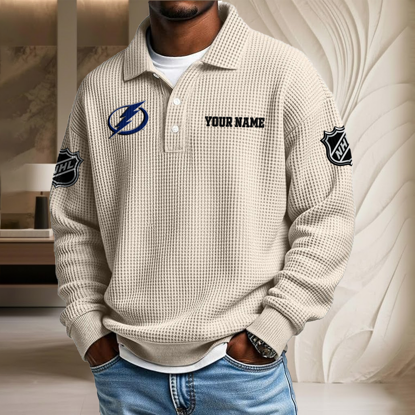 NHL x TB Custom Name Waffle Three Button Lapel Polo HLP HLPHUONG
