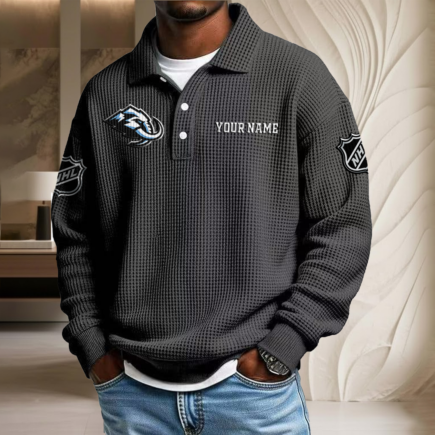 NHL x UTA Custom Name Waffle Three Button Lapel Polo HLP HLPHUONG