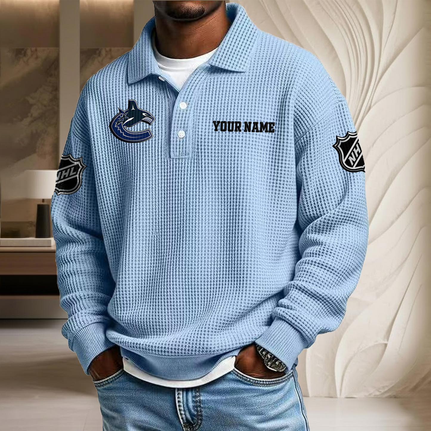 NHL x VAN Custom Name Waffle Three Button Lapel Polo HLP HLPHUONG