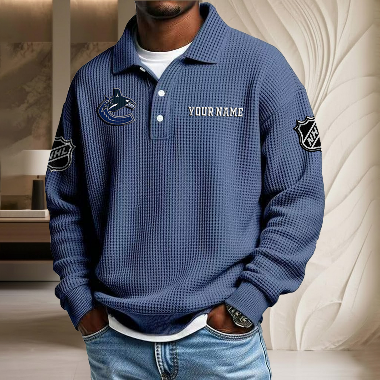 NHL x VAN Custom Name Waffle Three Button Lapel Polo HLP HLPHUONG