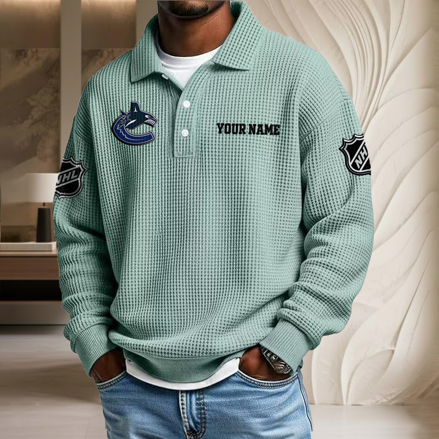 NHL x VAN Custom Name Waffle Three Button Lapel Polo HLP HLPHUONG