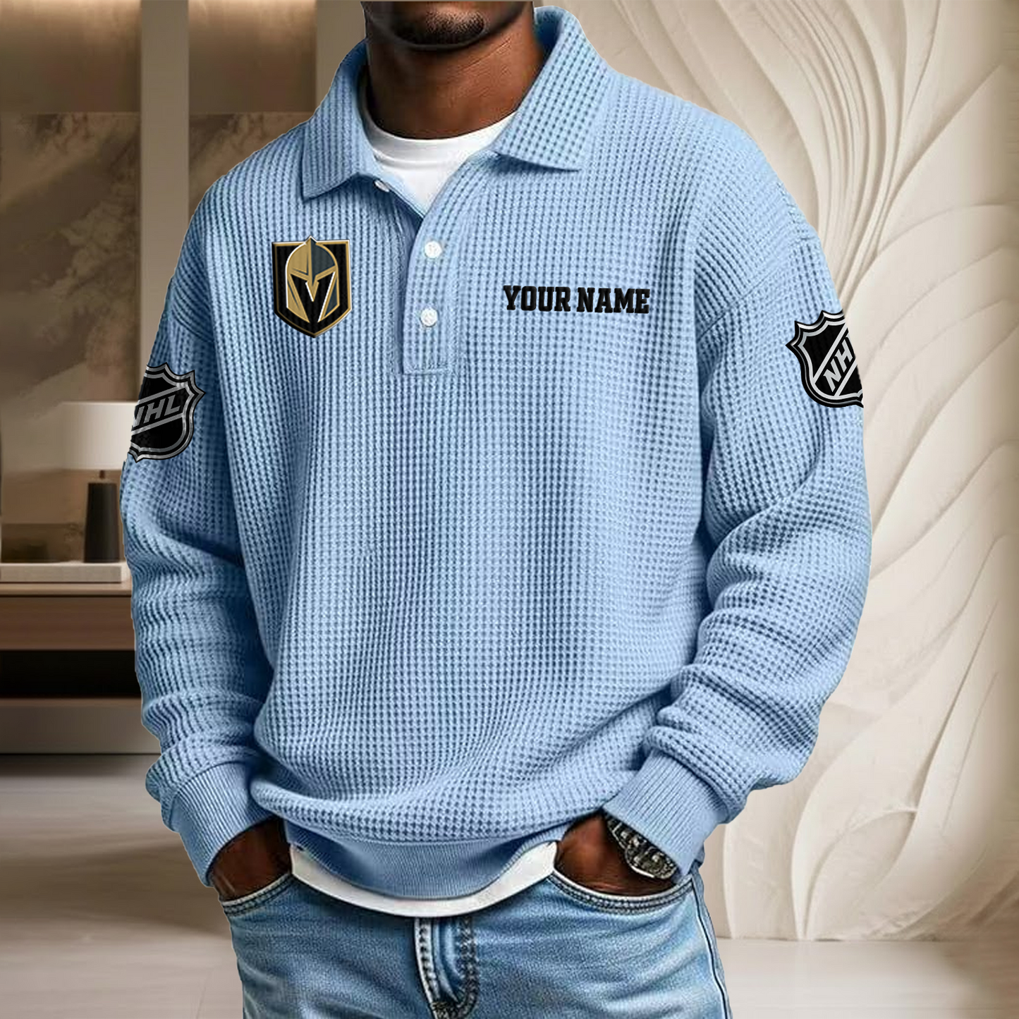 NHL x VEG Custom Name Waffle Three Button Lapel Polo HLP HLPHUONG