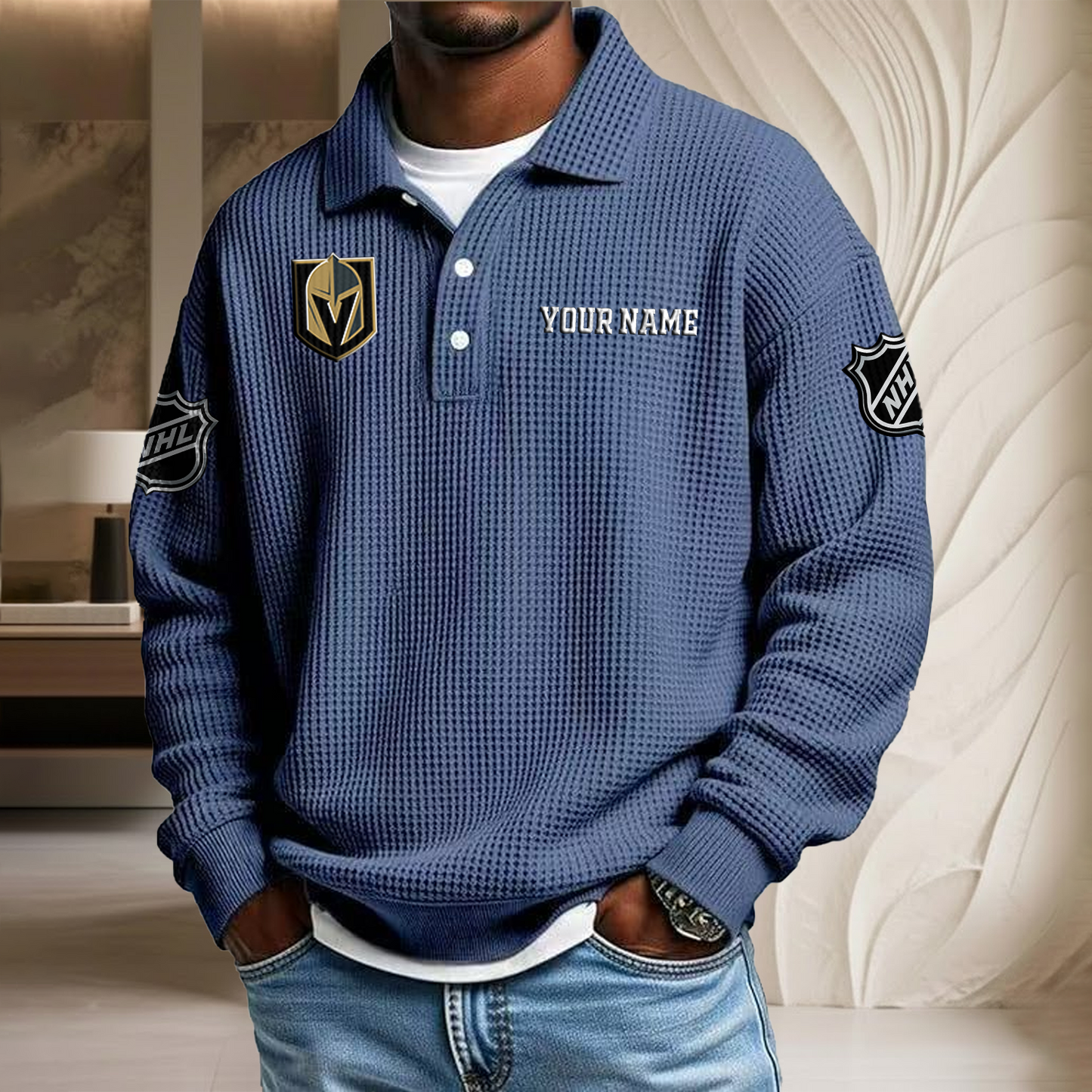 NHL x VEG Custom Name Waffle Three Button Lapel Polo HLP HLPHUONG