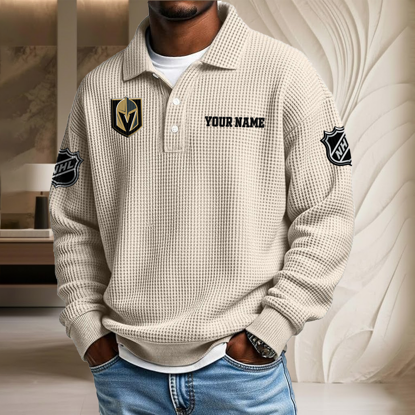 NHL x VEG Custom Name Waffle Three Button Lapel Polo HLP HLPHUONG