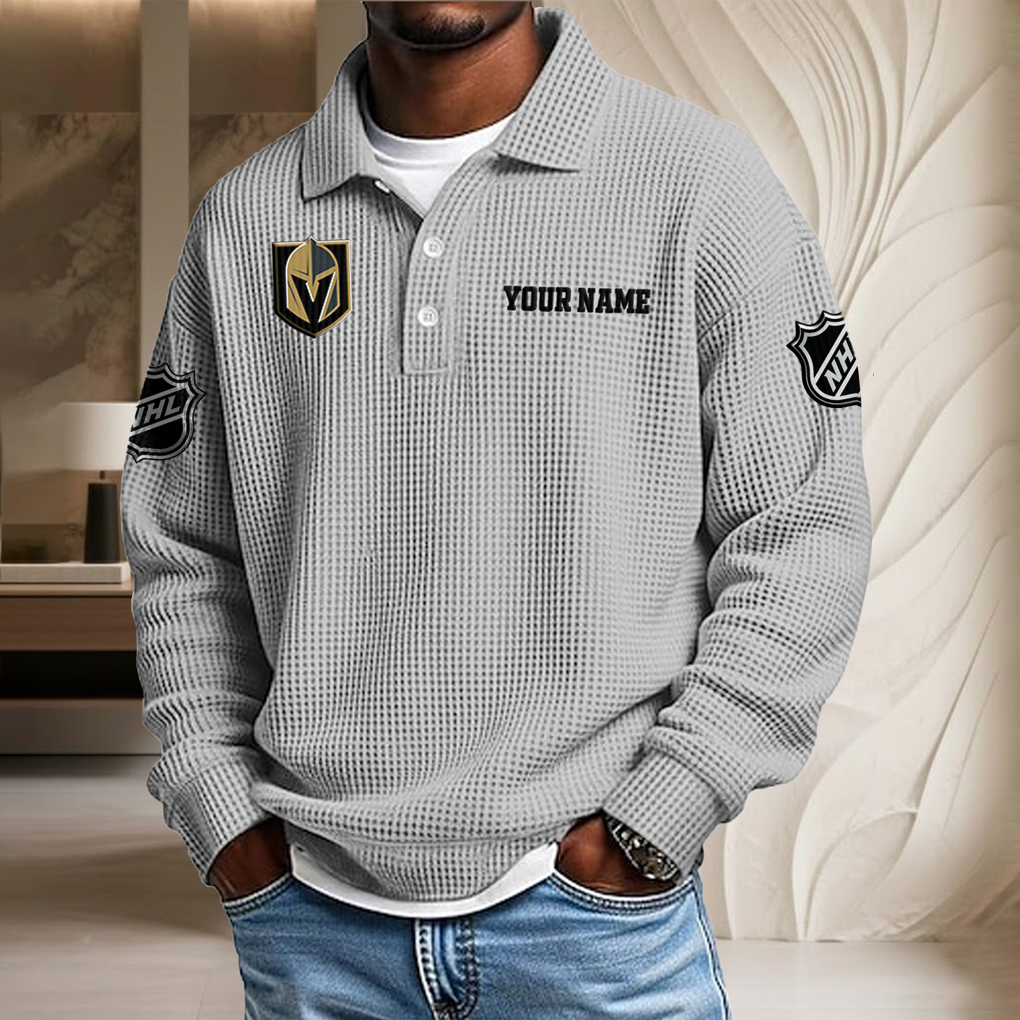 NHL x VEG Custom Name Waffle Three Button Lapel Polo HLP HLPHUONG