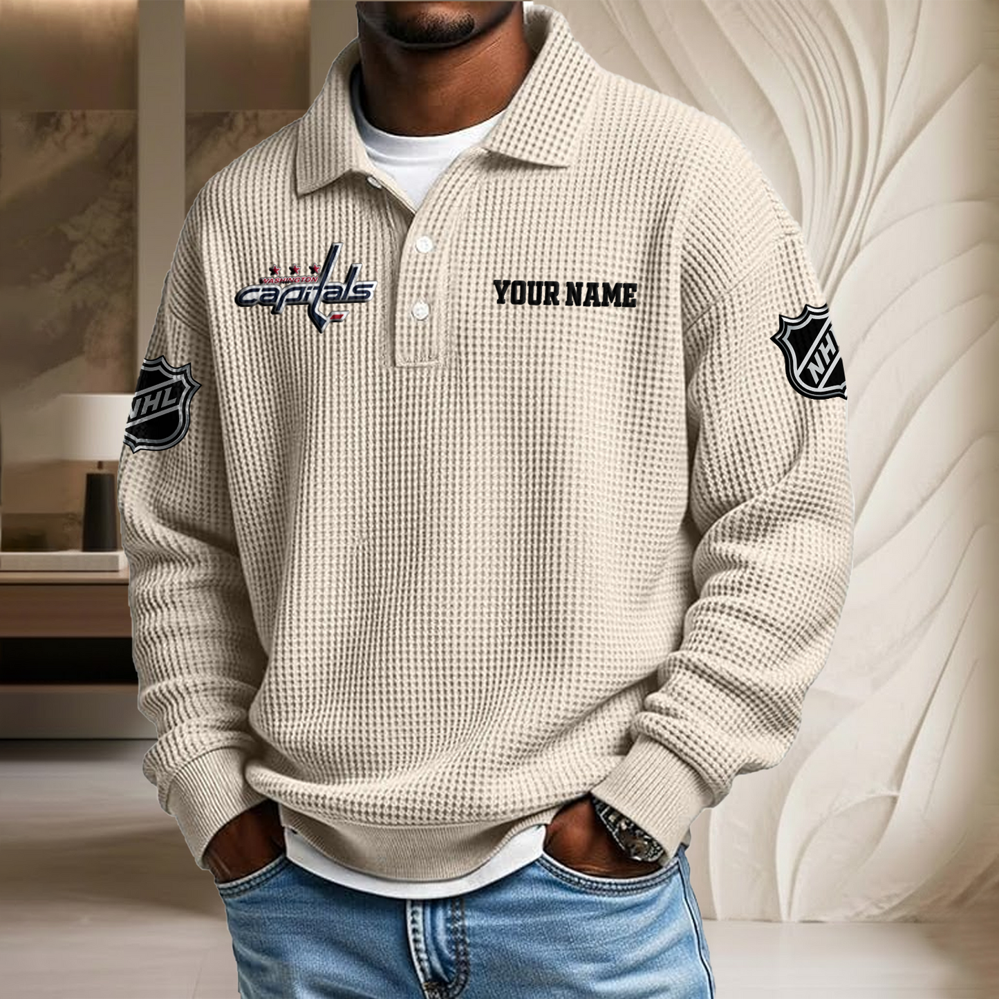 NHL x WAS Custom Name Waffle Three Button Lapel Polo HLP HLPHUONG