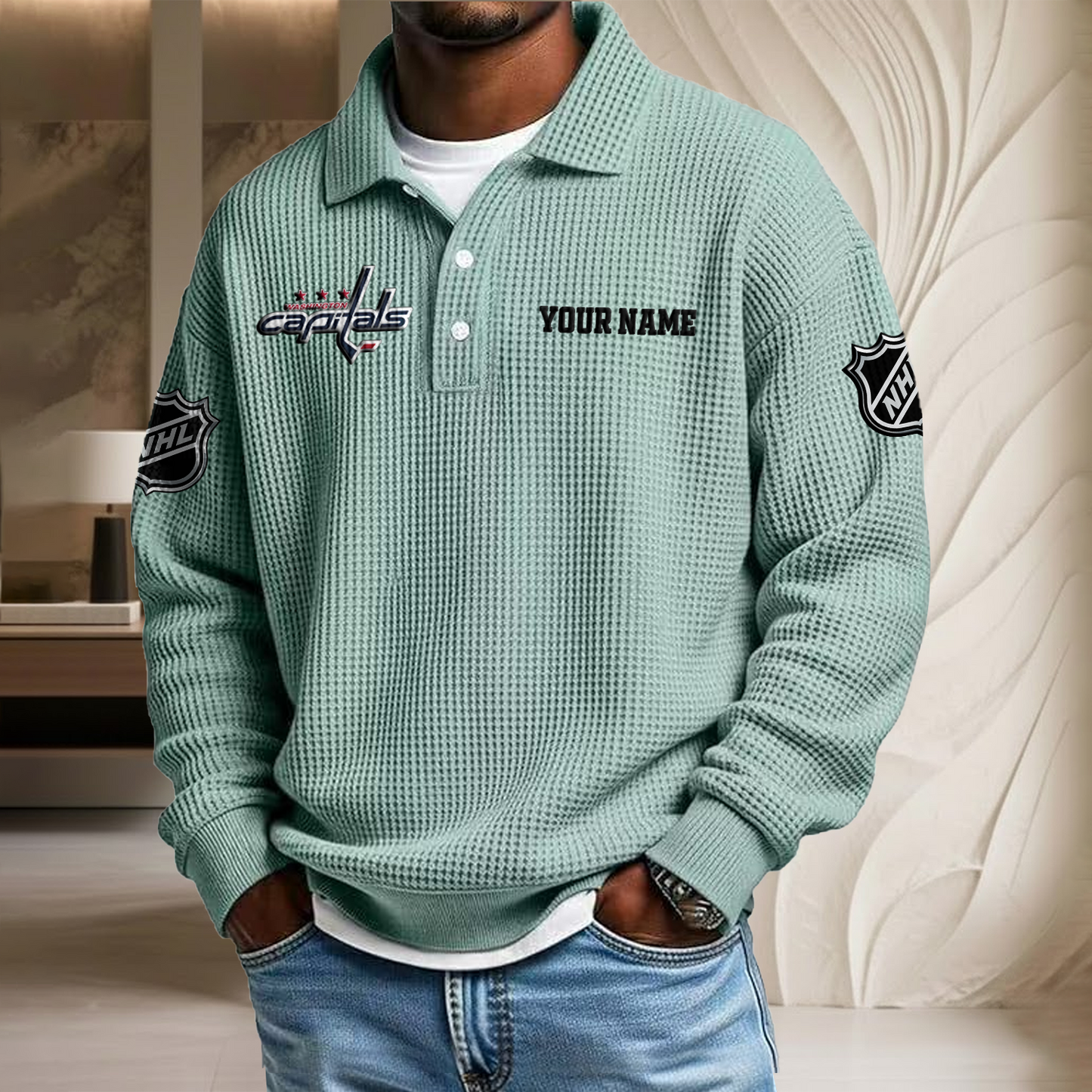 NHL x WAS Custom Name Waffle Three Button Lapel Polo HLP HLPHUONG