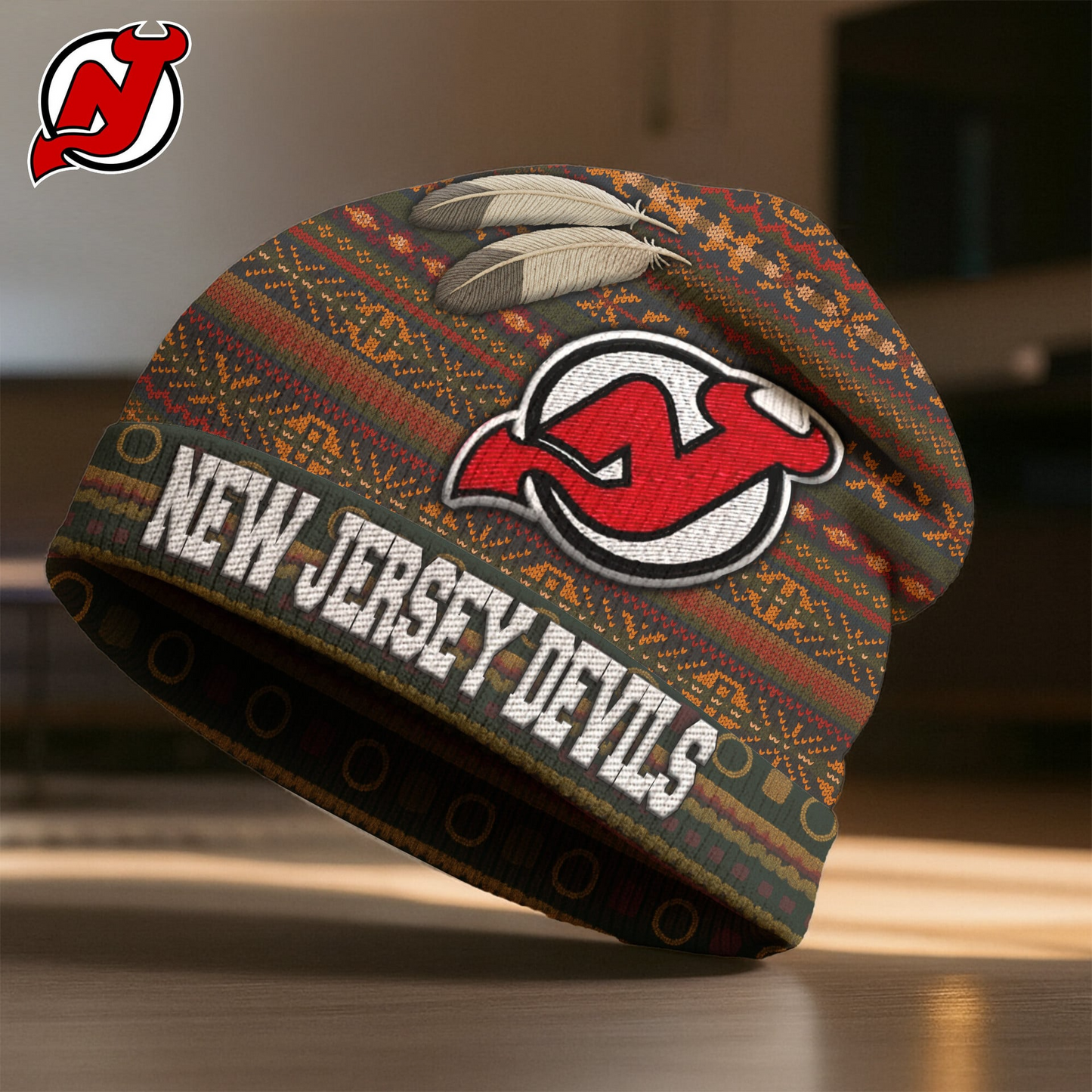 Premium NHL X NJD  Feathered Beanie Hat NDT LVH