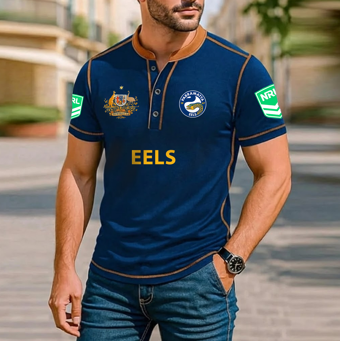 PREMIUM NRL X PE ROYAL HENLEY SHIRT FOR NEW YEAR NDT VHM