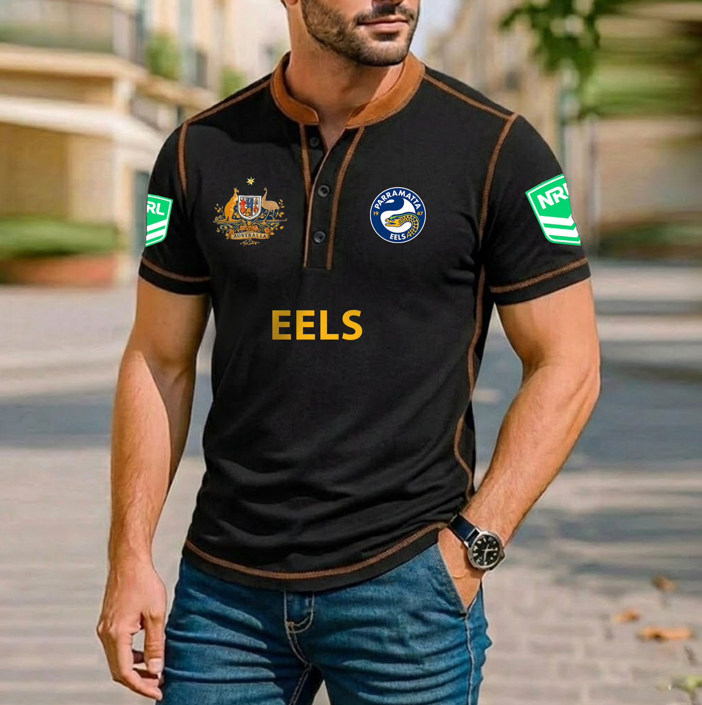PREMIUM NRL X PE ROYAL HENLEY SHIRT FOR NEW YEAR NDT VHM