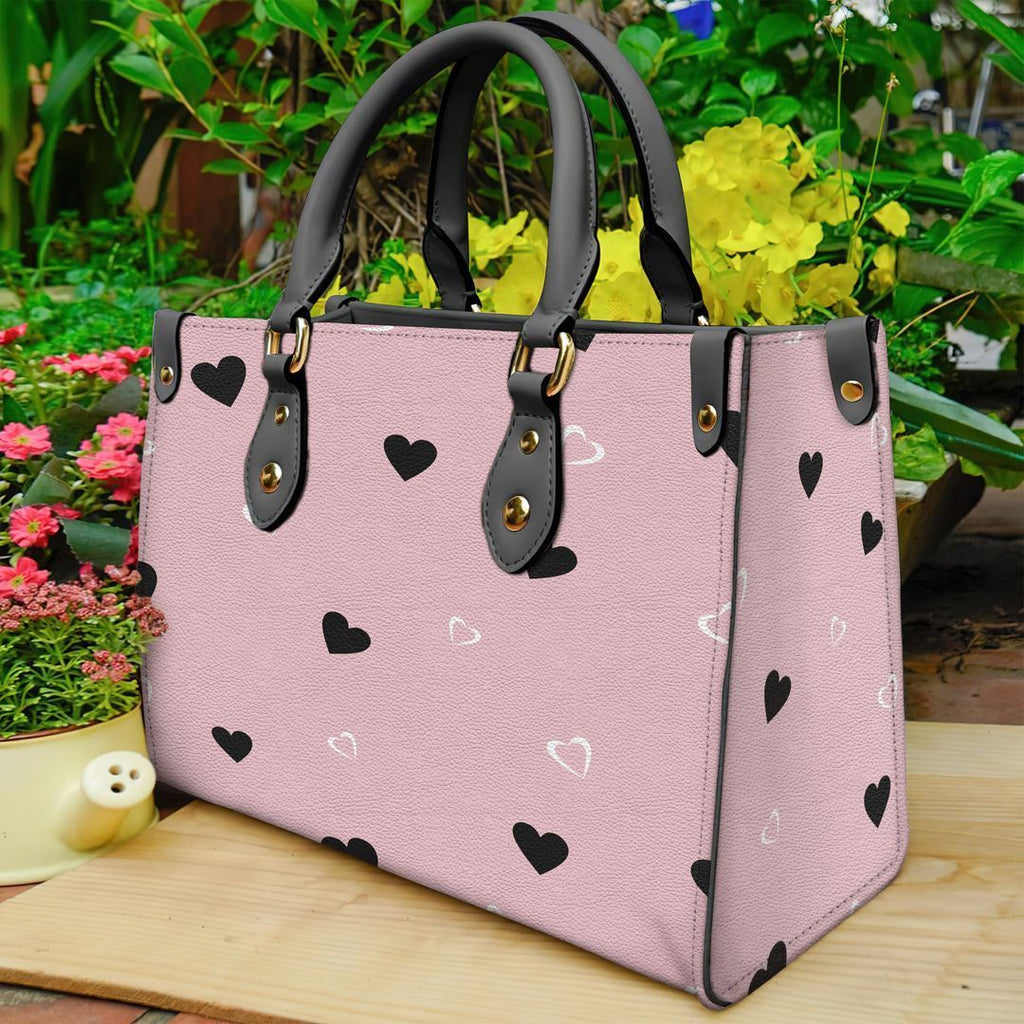 Black Heart On Pink Background Leather Bag Handbag | Tote Bag | Leather Tote For Women