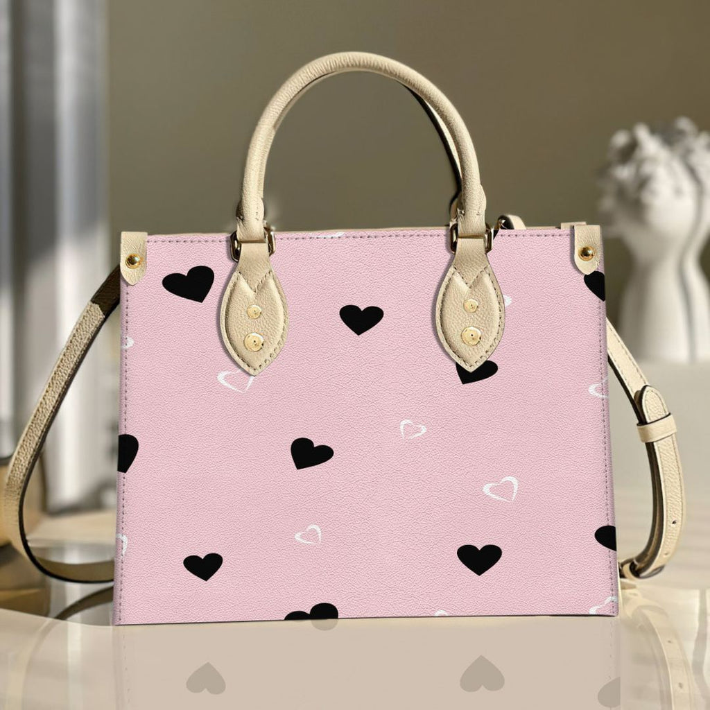 Black Heart On Pink Background Leather Bag Handbag | Tote Bag | Leather Tote For Women