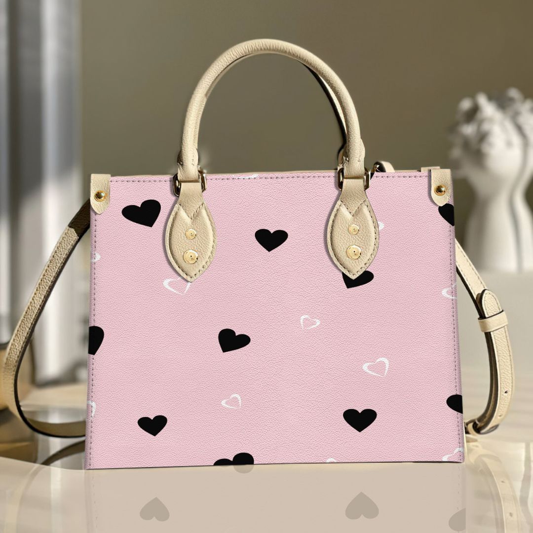 Black Heart On Pink Background Leather Bag Handbag | Tote Bag | Leather Tote For Women