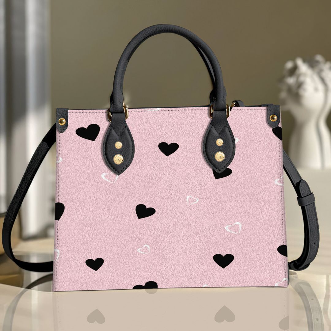 Black Heart On Pink Background Leather Bag Handbag | Tote Bag | Leather Tote For Women