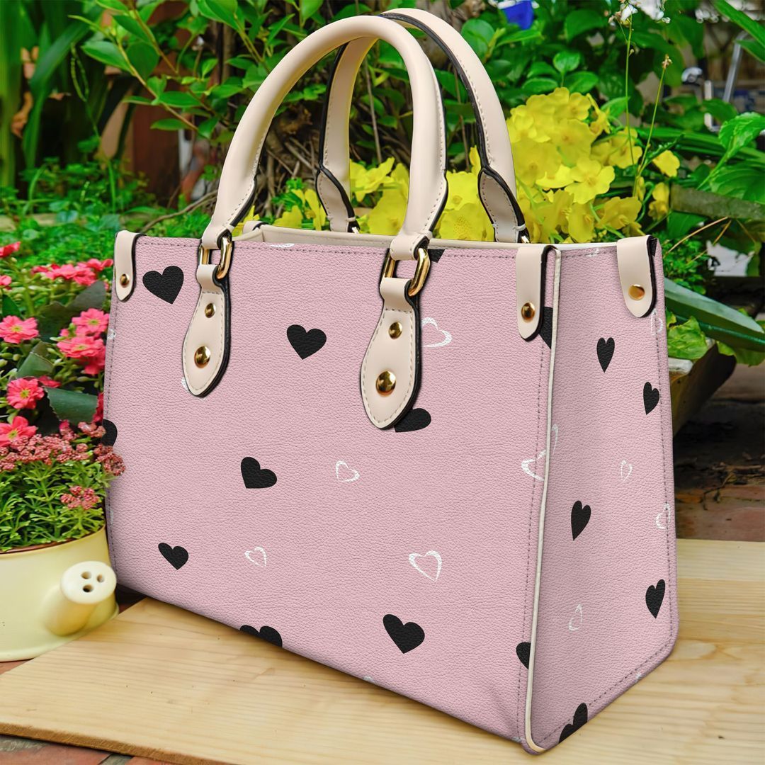 Black Heart On Pink Background Leather Bag Handbag | Tote Bag | Leather Tote For Women